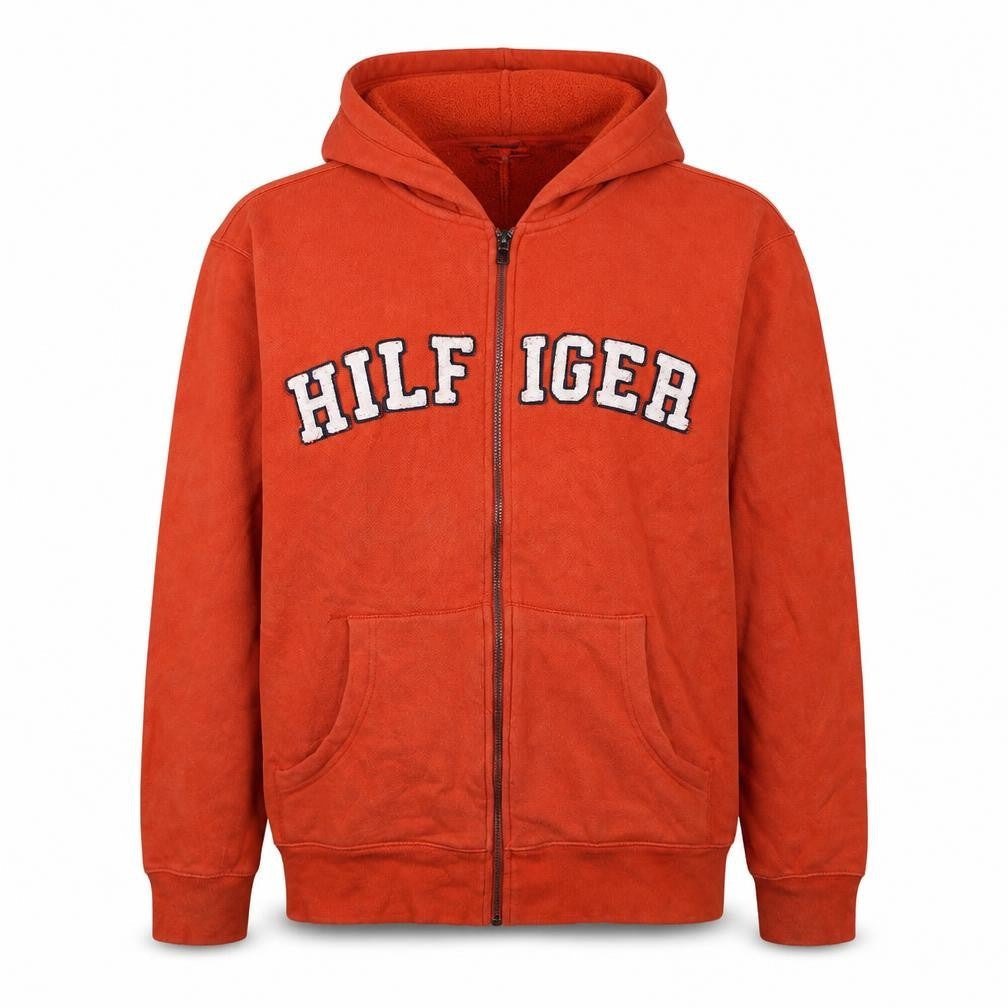 Tommy Hilfiger Mens Orange Full Zip Hoodie L Embroidered Logo Fleece