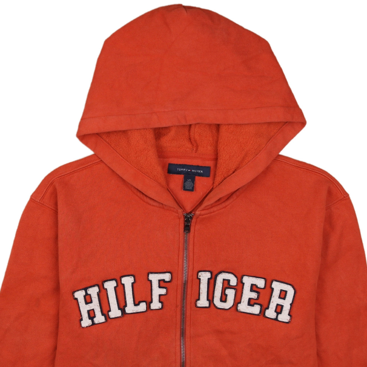 Tommy Hilfiger Mens Orange Full Zip Hoodie L Embroidered Logo Fleece