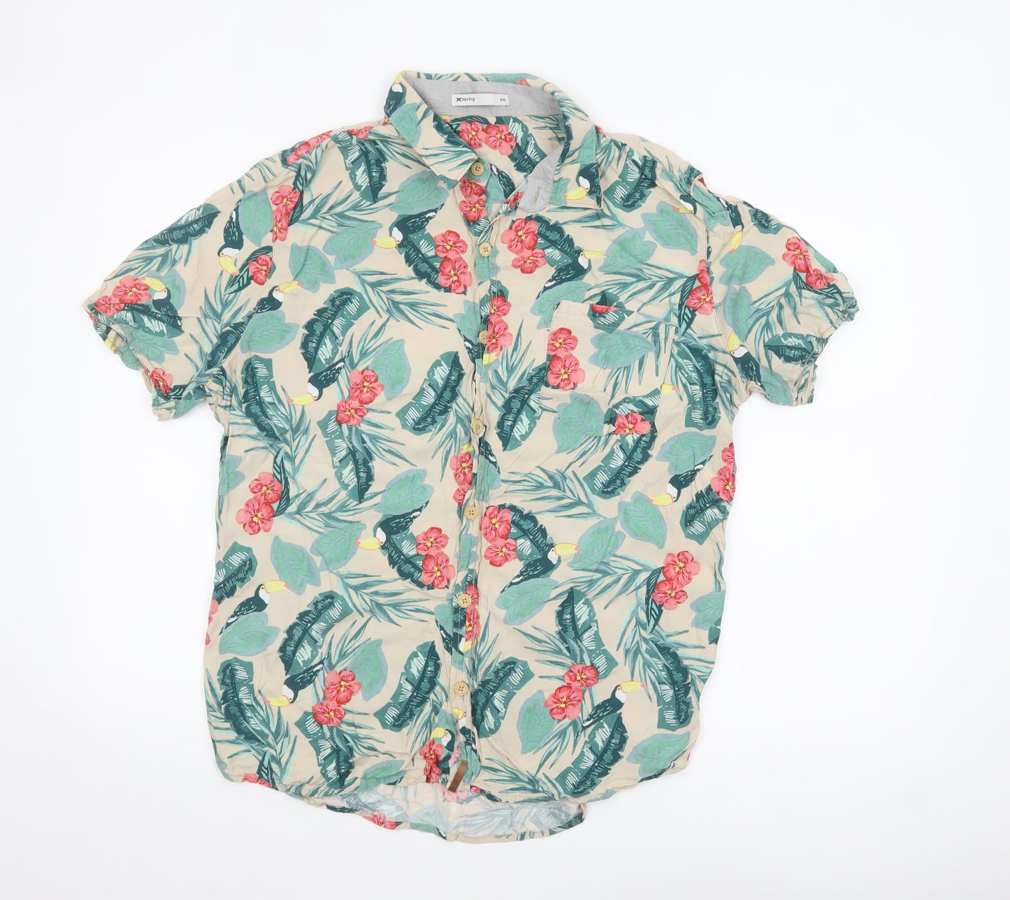 Hering Men's Beige Tropical Floral Short Sleeve Button-Up Shirt L