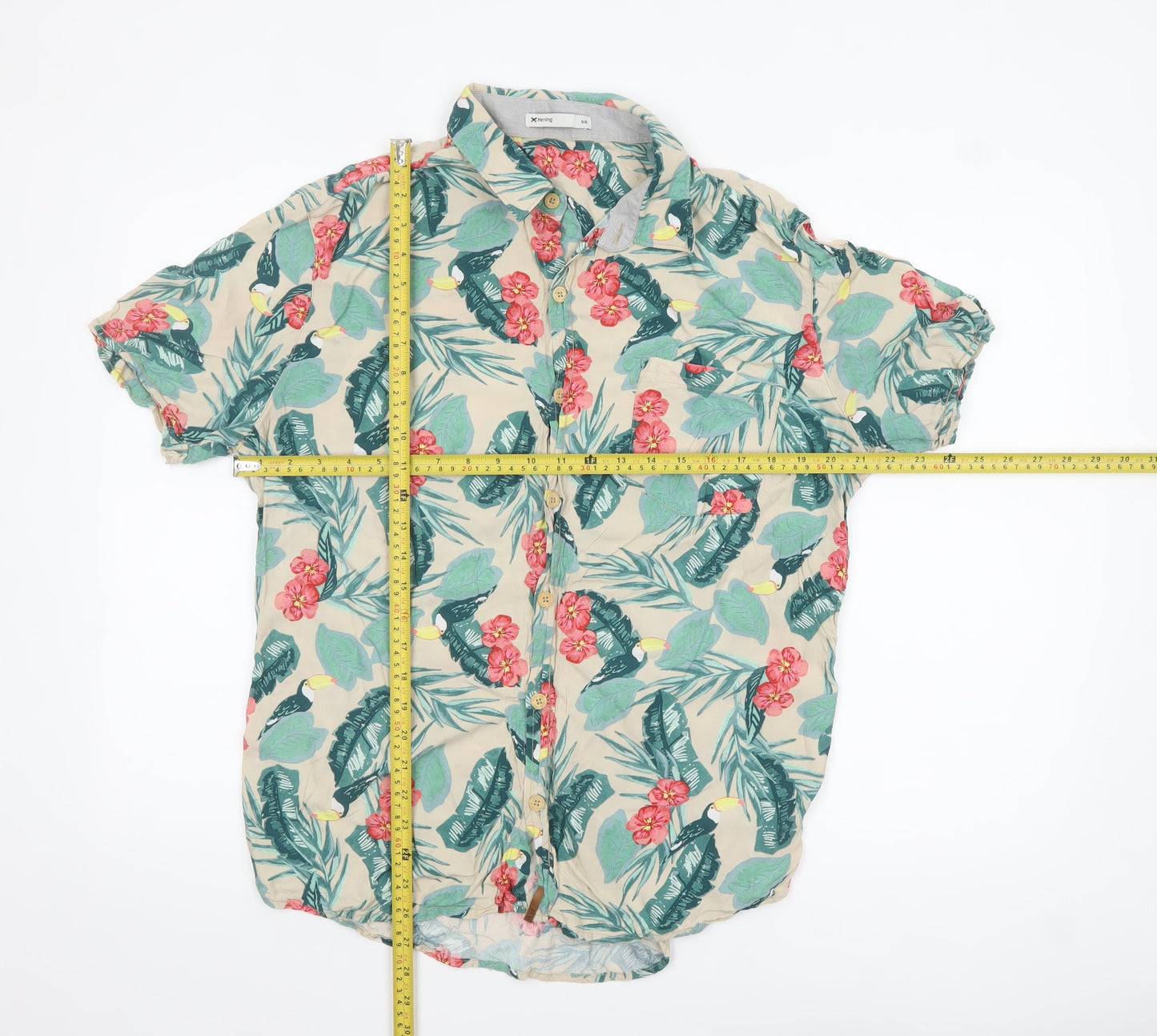 Hering Men's Beige Tropical Floral Short Sleeve Button-Up Shirt L