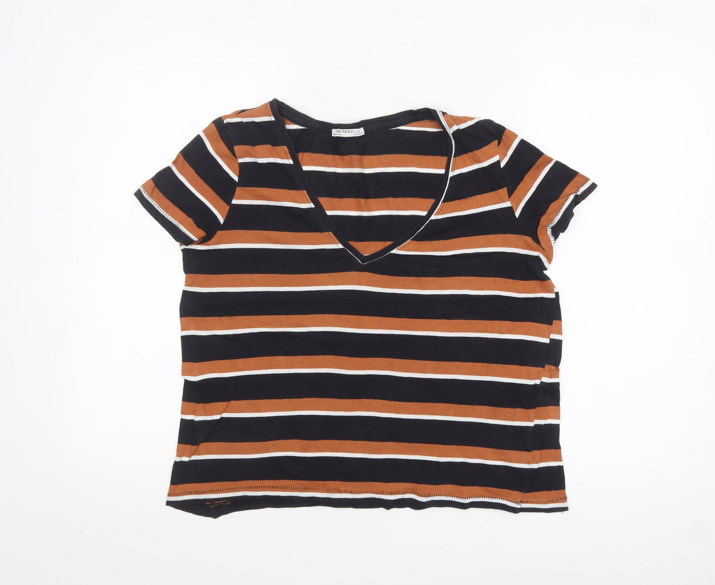 Zara Trafaluc Women's Brown Black Striped V-Neck Cotton T-Shirt Size S