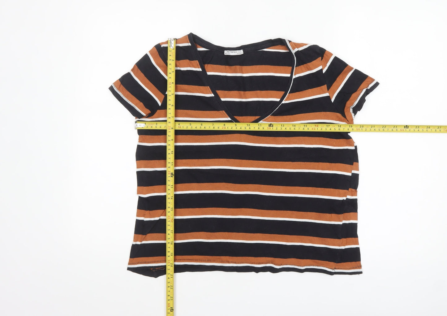 Zara Trafaluc Women's Brown Black Striped V-Neck Cotton T-Shirt Size S