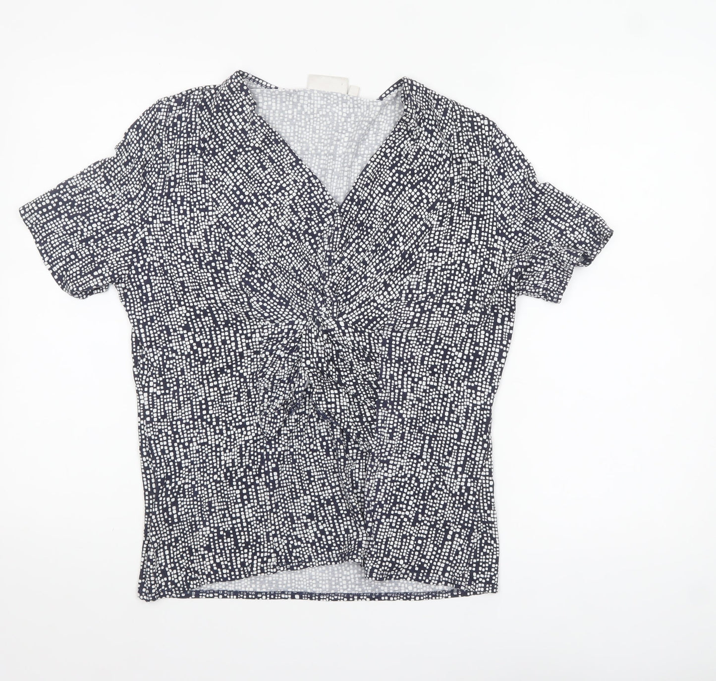 CC Womens Blue Geometric V-Neck Short Sleeve Tunic Blouse Size L