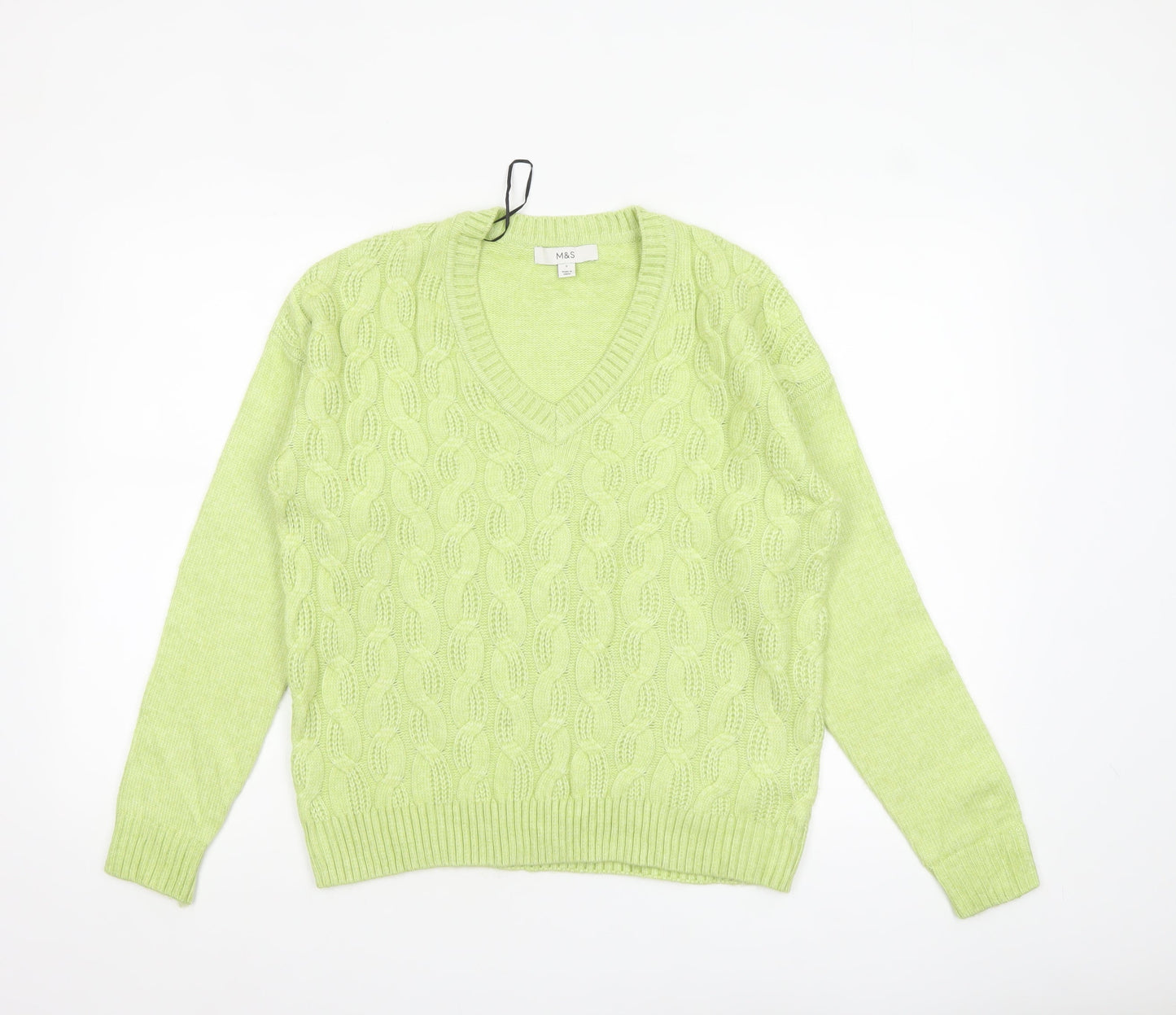 Marks and Spencer Womens Green V-Neck Cable Knit Jumper Size S