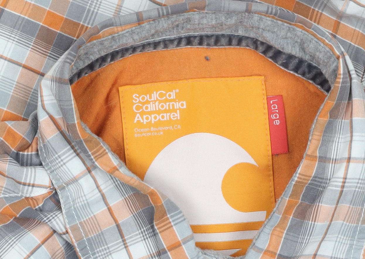 SoulCal Men's Orange Plaid Long Sleeve Cotton Button-Up Shirt Size L