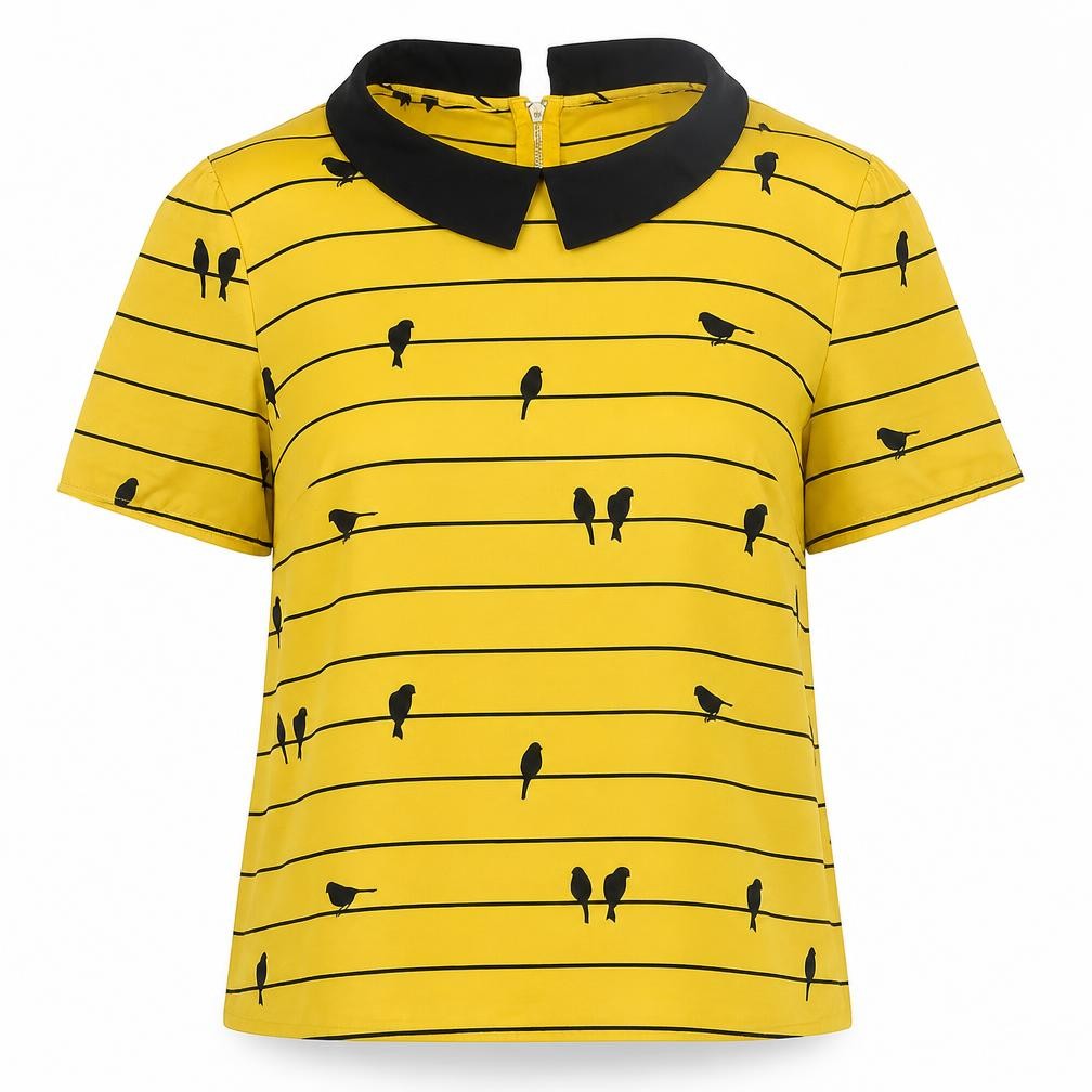 Oasis Women Yellow Collared Bird Print Short Sleeve Blouse Size 12