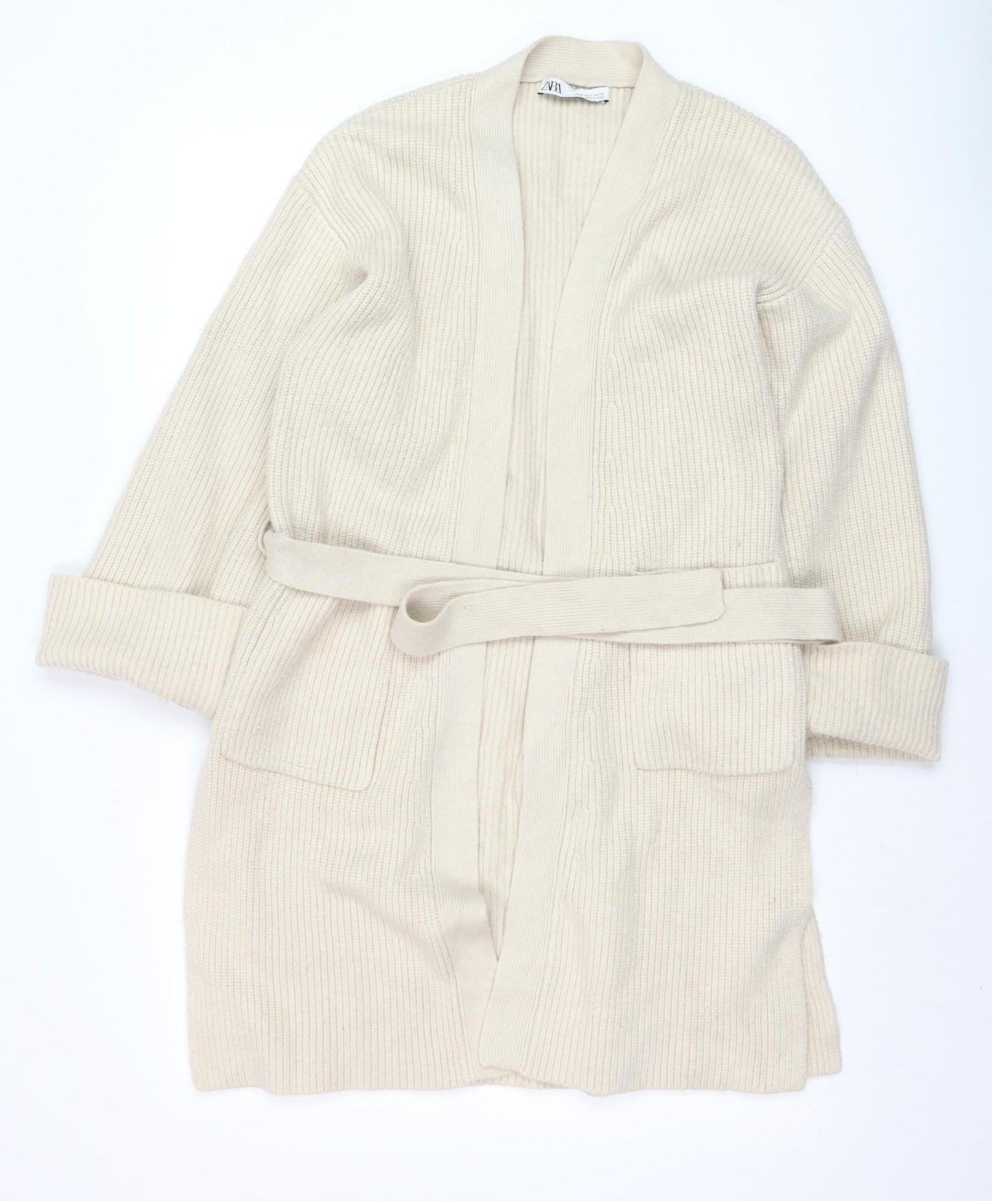 ZARA Women Beige Belted Rib Knit Long Sleeve Cardigan S