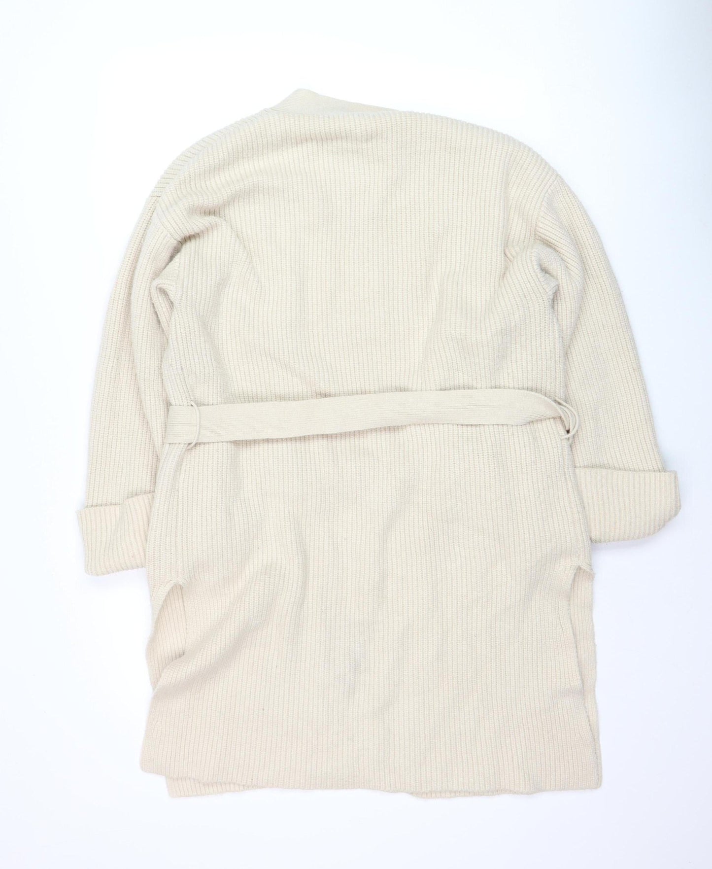 ZARA Women Beige Belted Rib Knit Long Sleeve Cardigan S