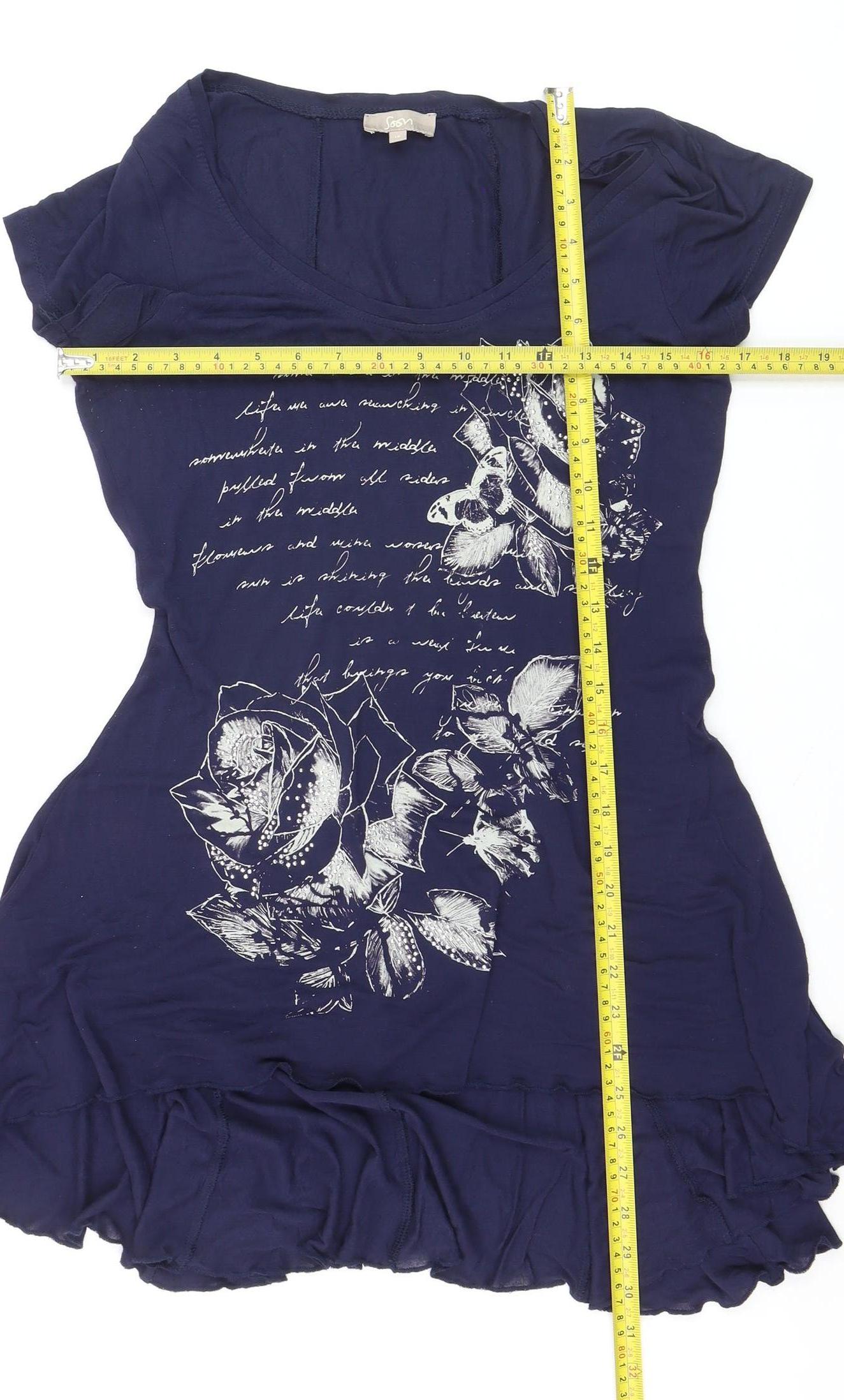 Soon Womens Blue Floral Tunic T-Shirt Size 10 Short Sleeve