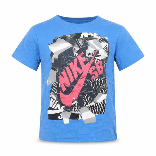 Front view of Nike SB boys’ blue graphic skateboarding t-shirt, size 8-10, years