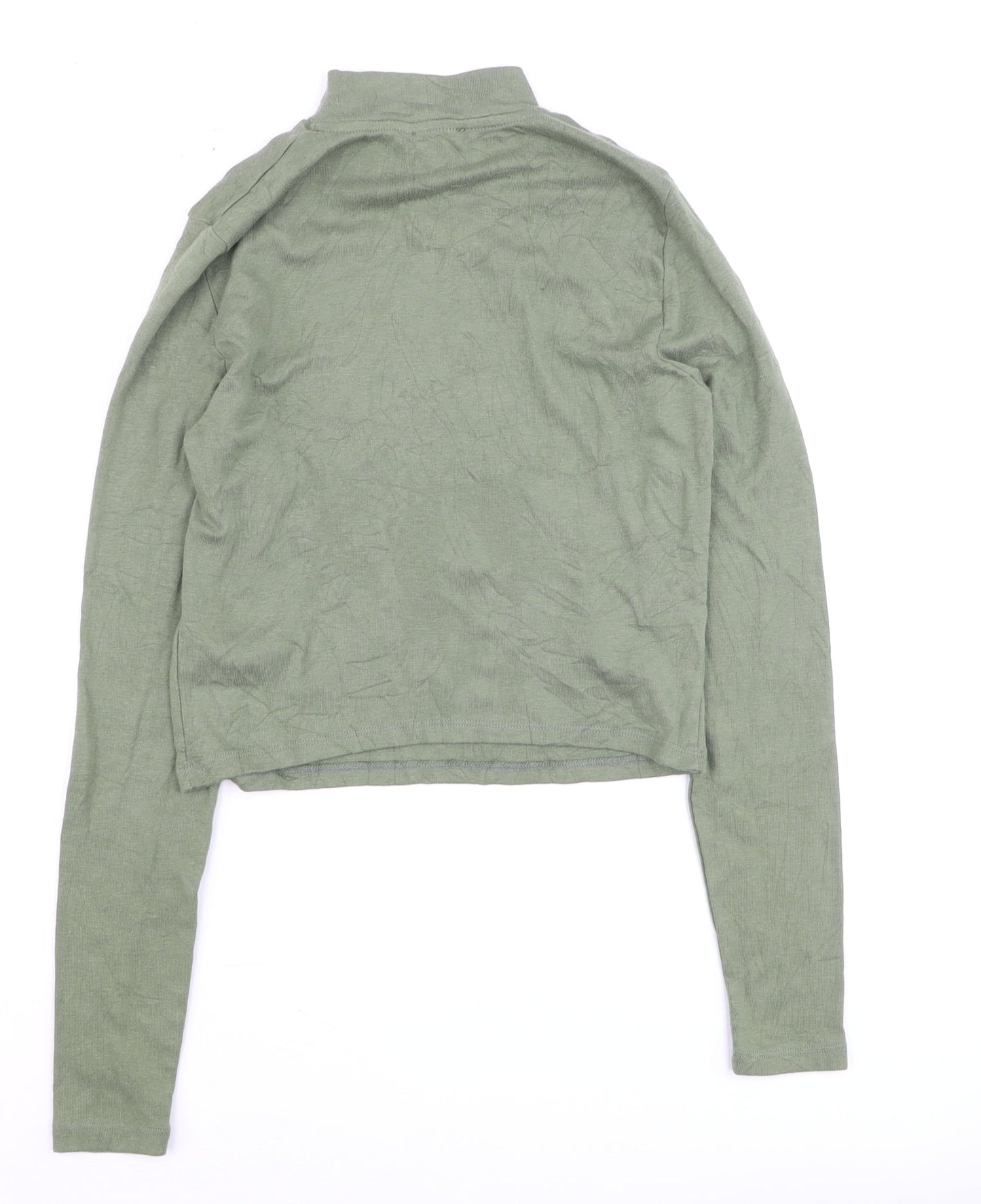 Bershka Women Green Cropped Mock Neck Long Sleeve Top L