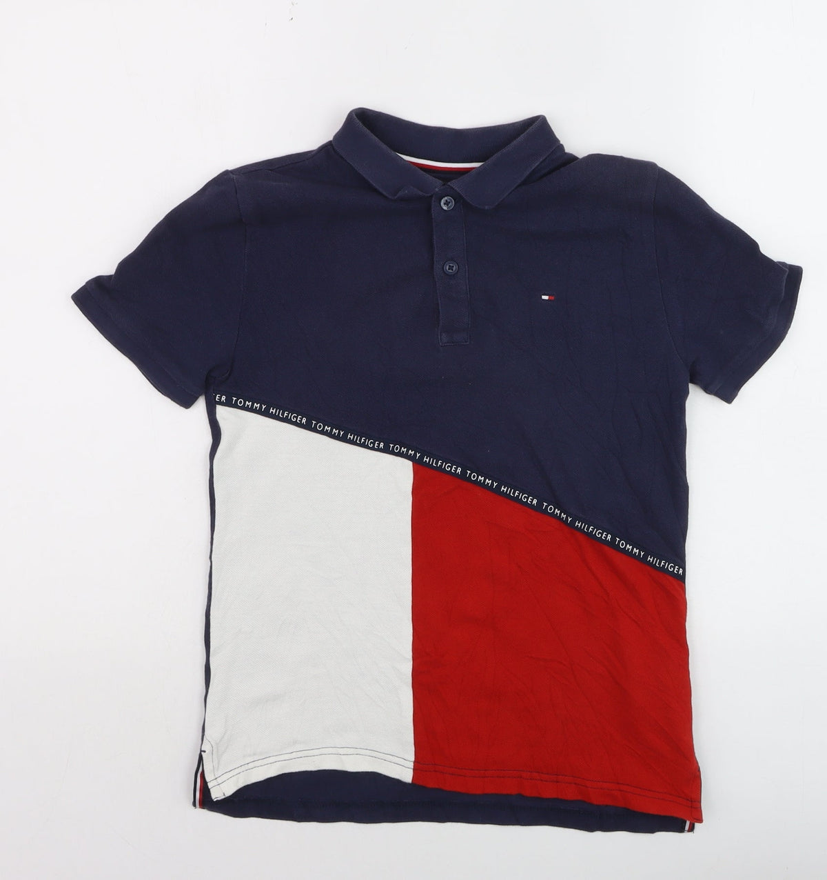 Tommy Hilfiger Boys Blue Red Colourblock Polo Shirt Size 152 Classic Cotton