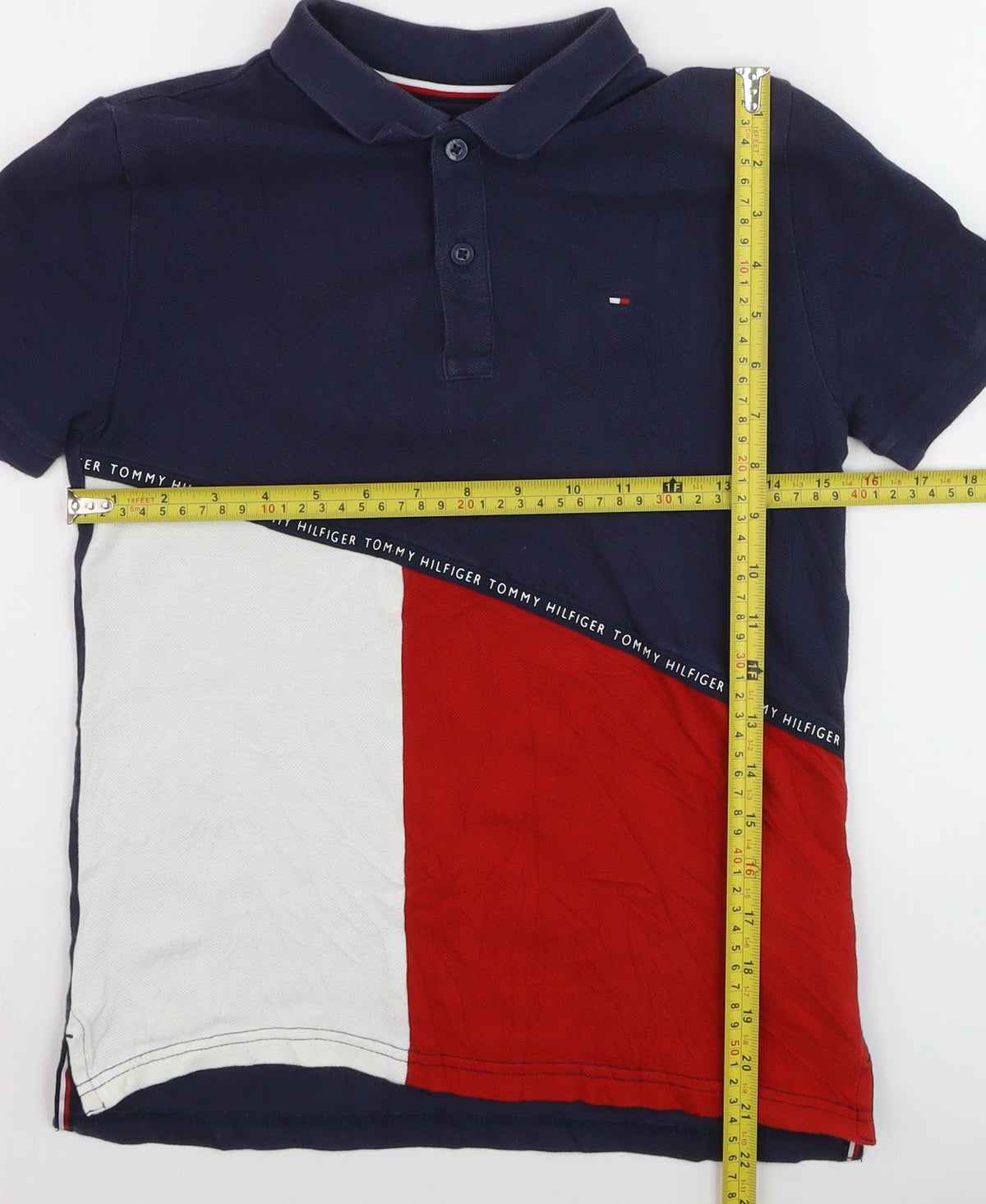 Tommy Hilfiger Boys Blue Red Colourblock Polo Shirt Size 152 Classic Cotton