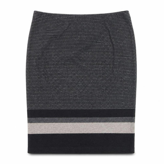 Front view of Max Studio Women’s Grey Striped Pencil Knit Skirt, size M