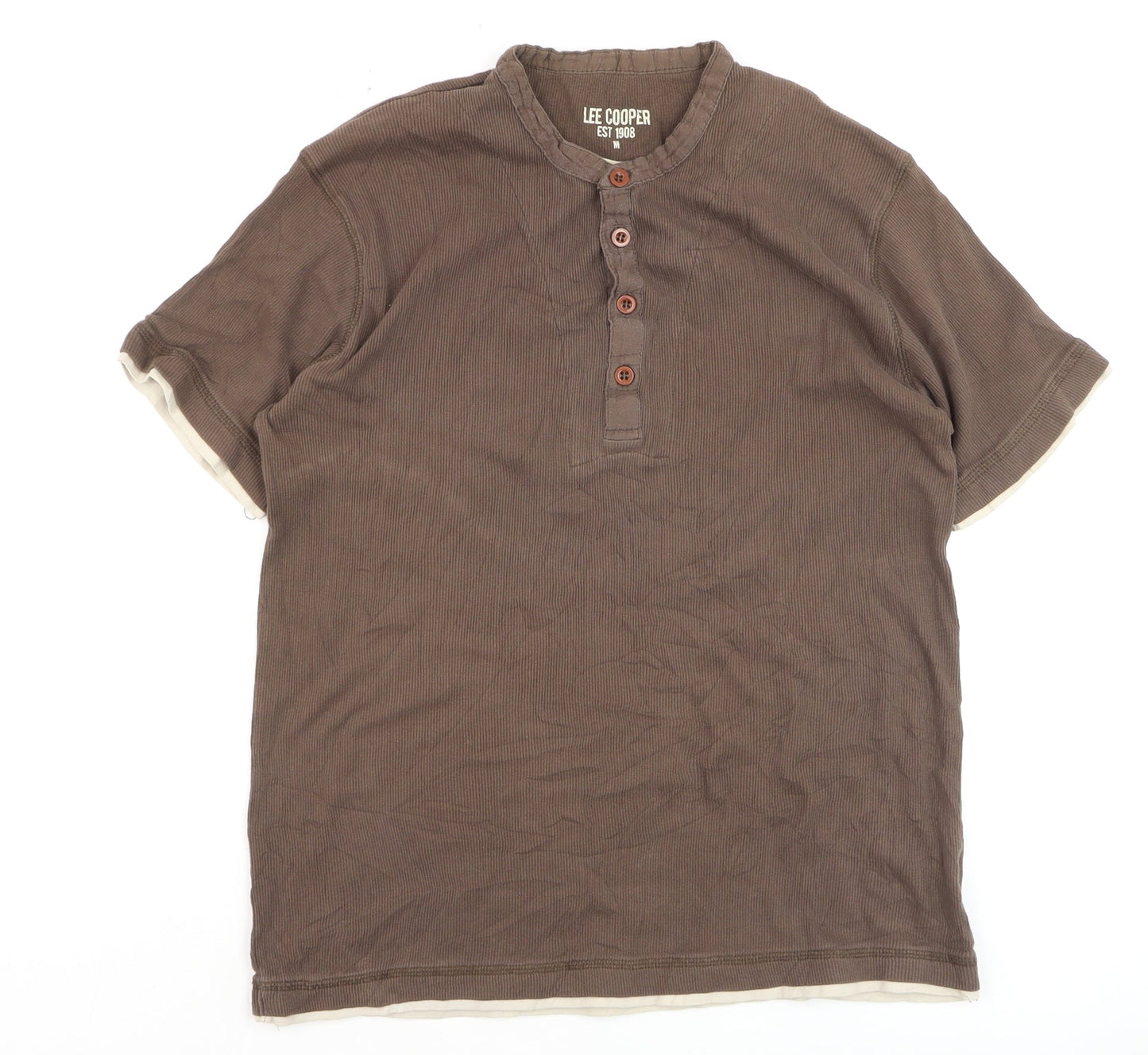 Lee Cooper Men Brown Henley Short Sleeve Cotton Casual Shirt M