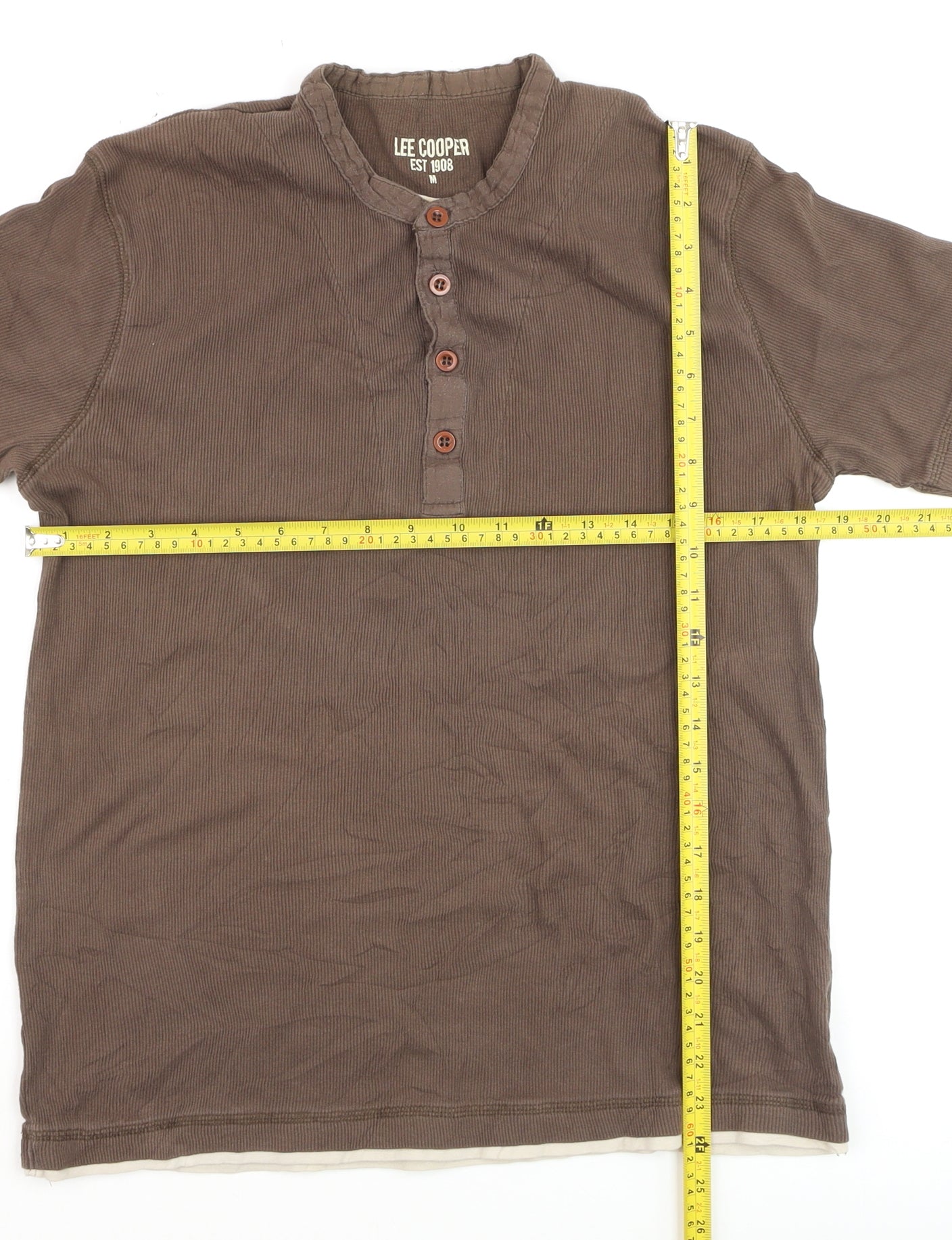 Lee Cooper Men Brown Henley Short Sleeve Cotton Casual Shirt M
