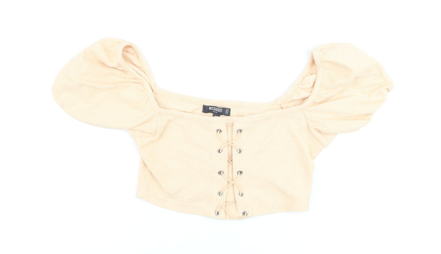 Missguided Women Beige Cropped Puff Sleeve Lace-Up Top UK 8 Petite