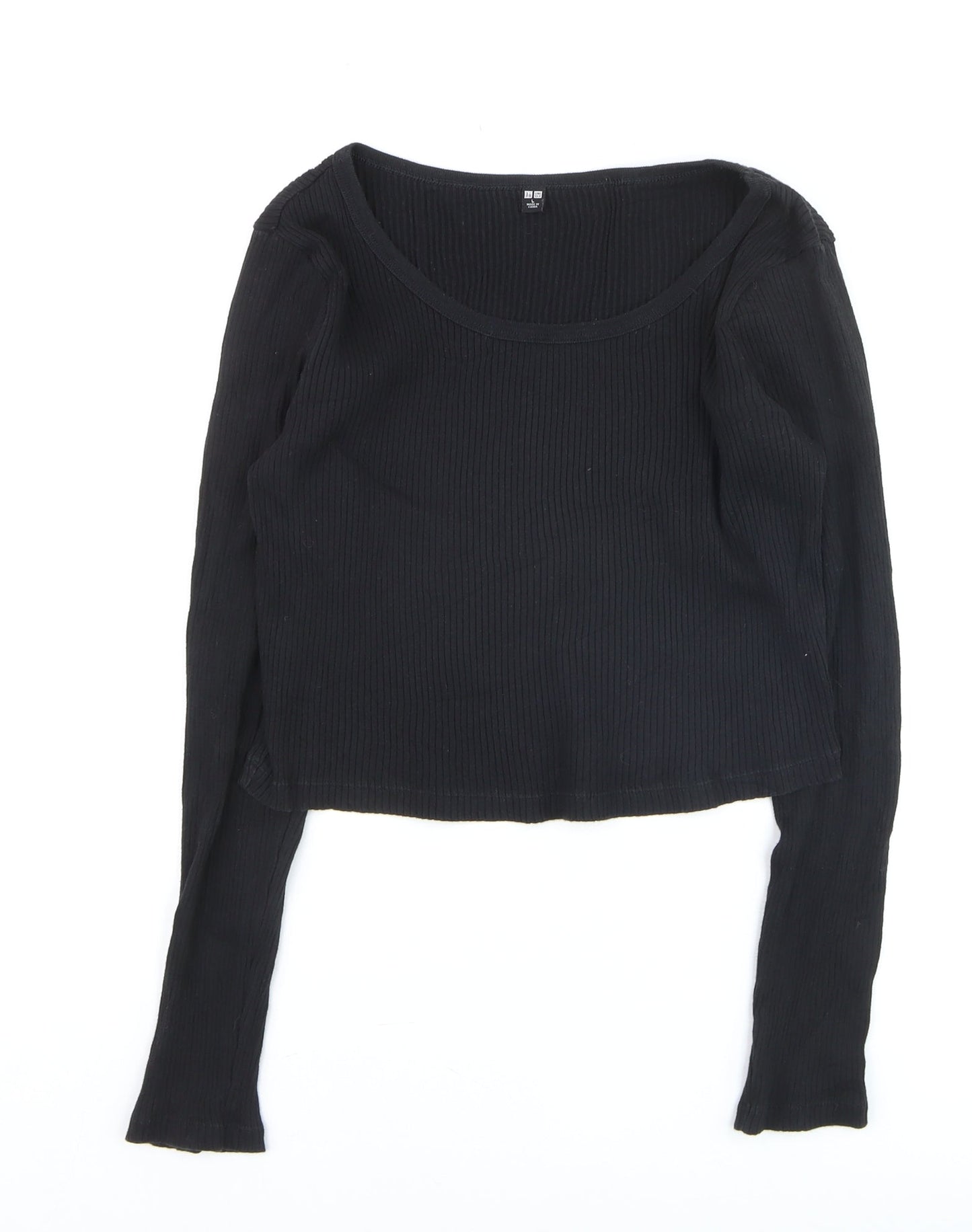 Uniqlo Women Black Ribbed Cotton Long Sleeve Pullover Jumper Size L