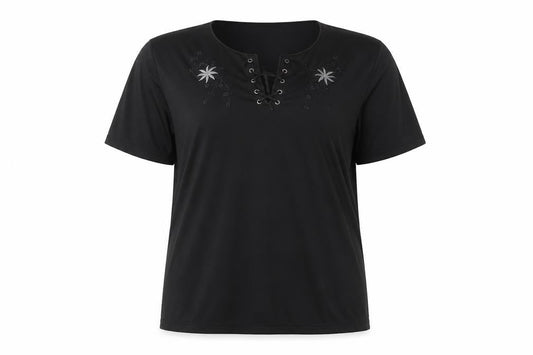 Hoang Collection Women's Black Cotton Blend Lace Up Tunic T-Shirt L