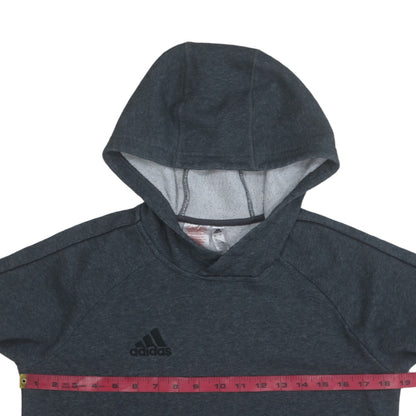 Brand and care label for Adidas boys’ grey pullover hoodie lined fleece 13-14 years