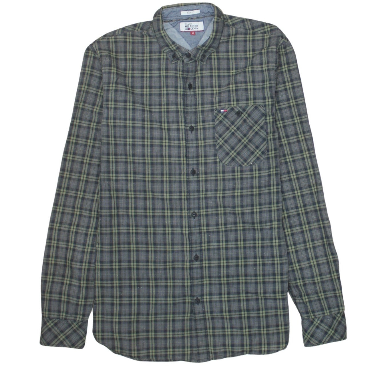 Tommy Hilfiger Denim Men's Green Slim Fit Plaid Button-Up Shirt M