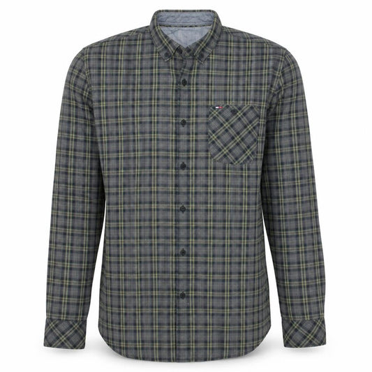 Front view of Tommy Hilfiger Denim Men's Green Slim Fit Plaid Button-Up Shirt M