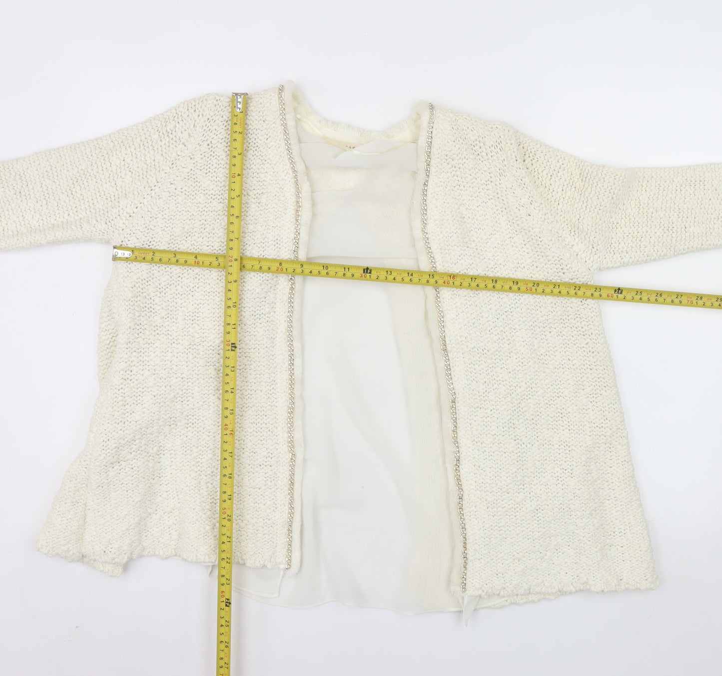Zara Women Ivory Open Cardigan Lurex Trim Size 12 Cotton Blend Knit