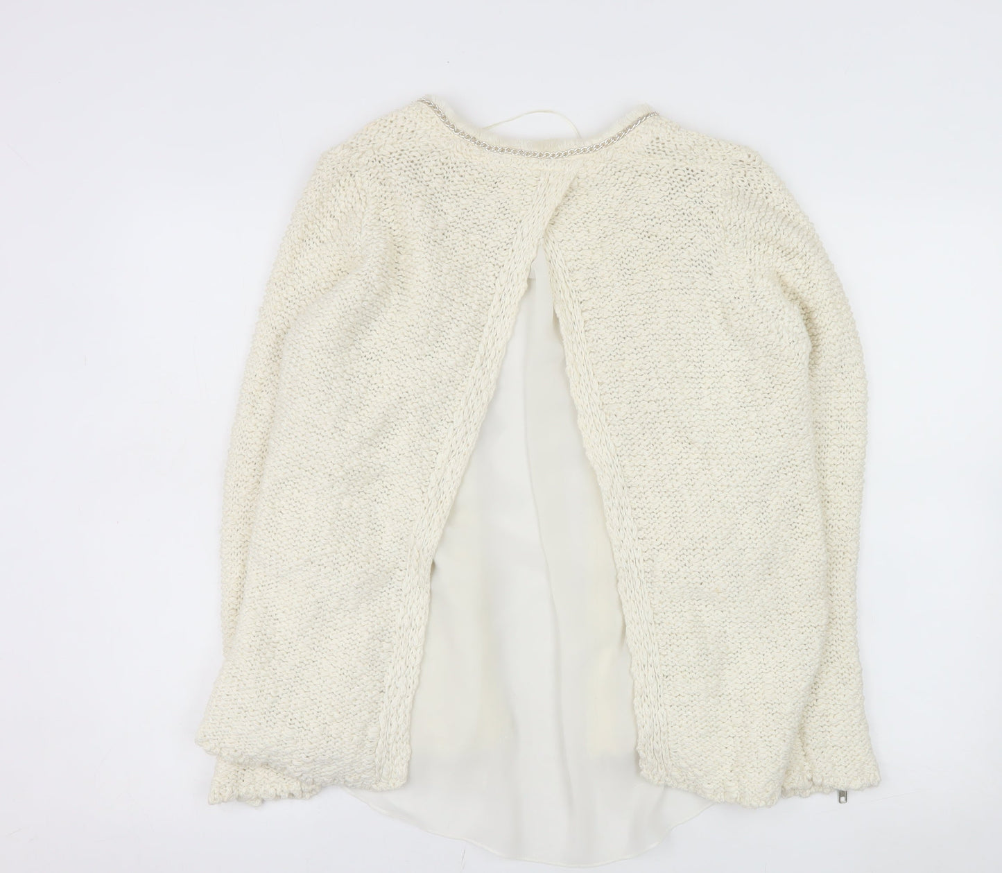 Zara Women Ivory Open Cardigan Lurex Trim Size 12 Cotton Blend Knit