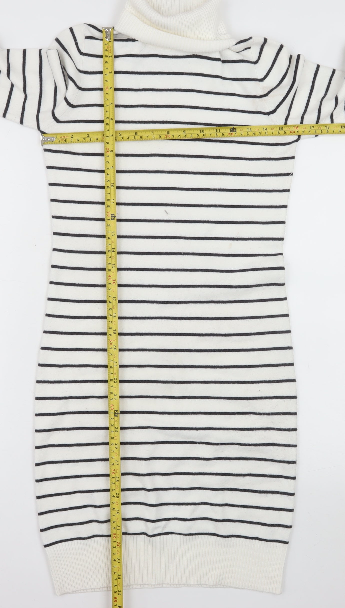 French Connection Women White Striped Roll Neck Jumper Dress M