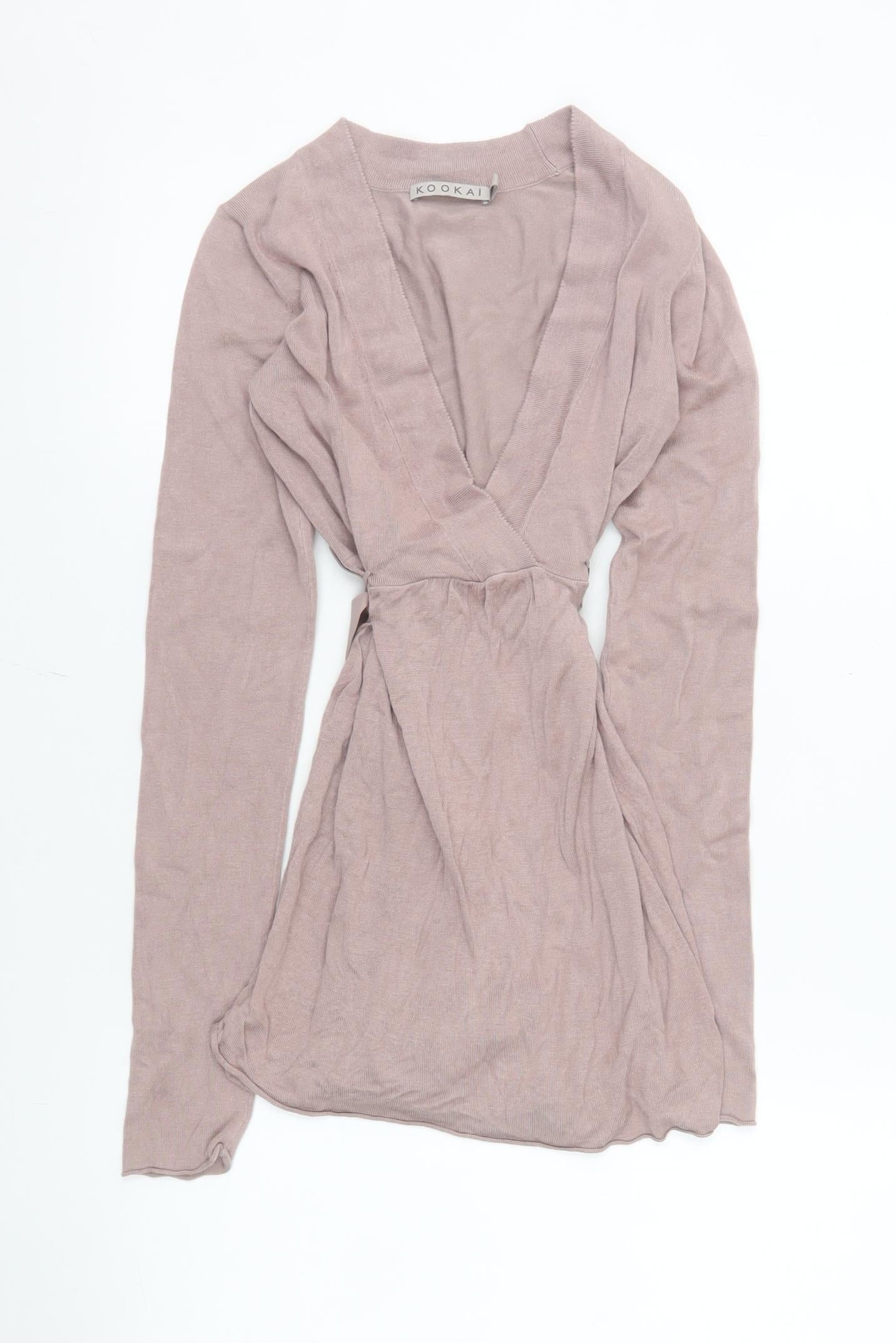 Kookai Women Beige Wrap Knit Mini Dress Size 6 Long Sleeve