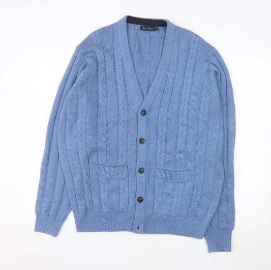 James Pringle Men's Blue Cable Knit Cardigan L Acrylic