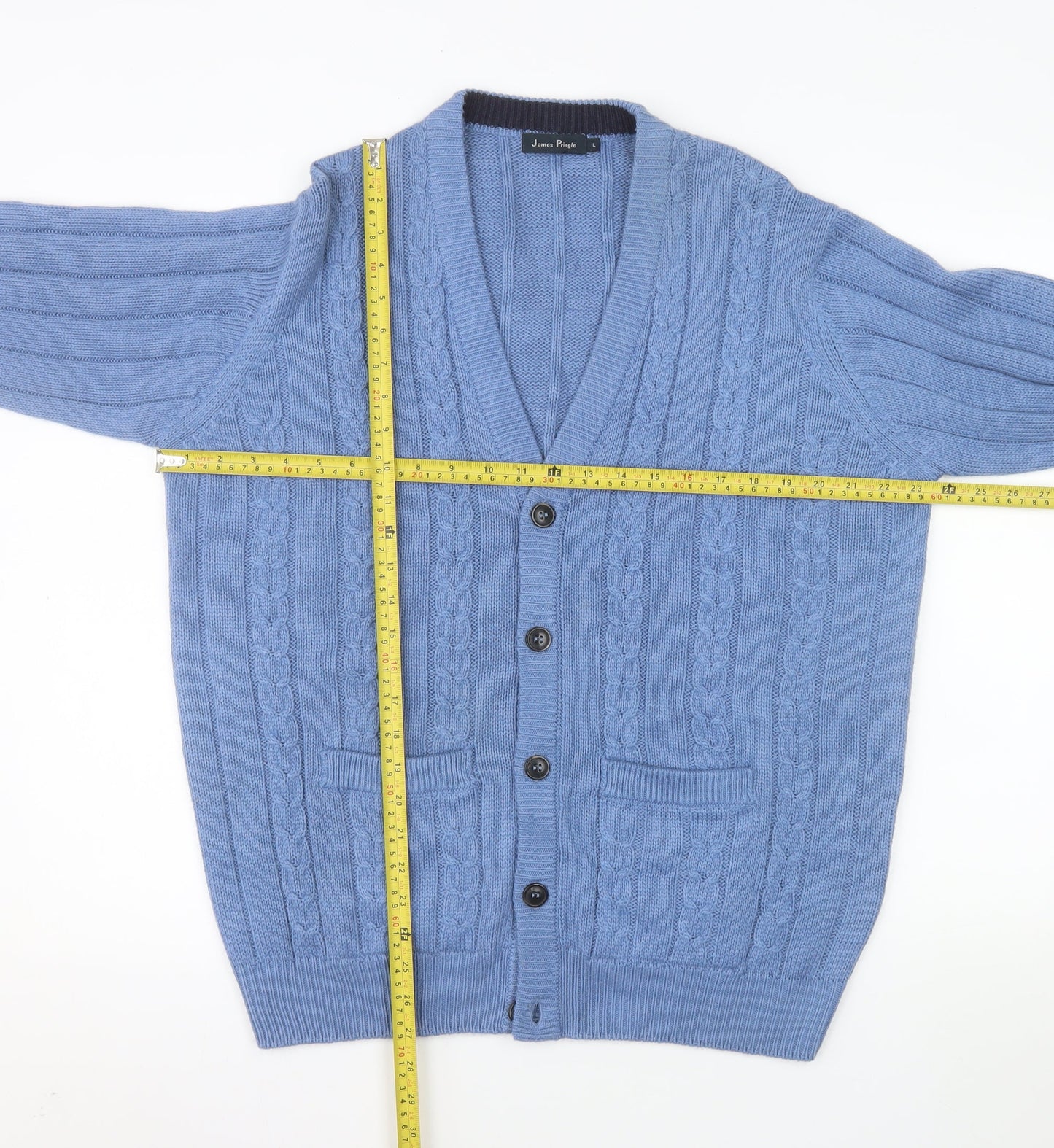 James Pringle Men's Blue Cable Knit Cardigan L Acrylic