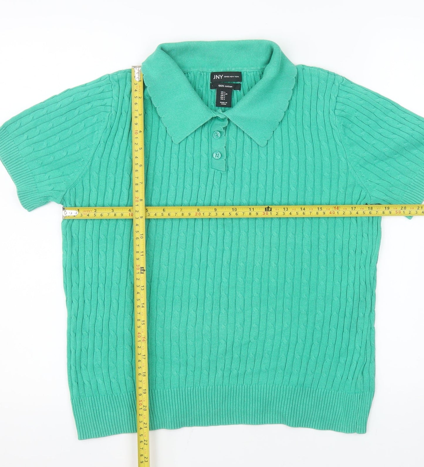 Jones New York Men's Green Cable Knit Cotton Short Sleeve Polo L