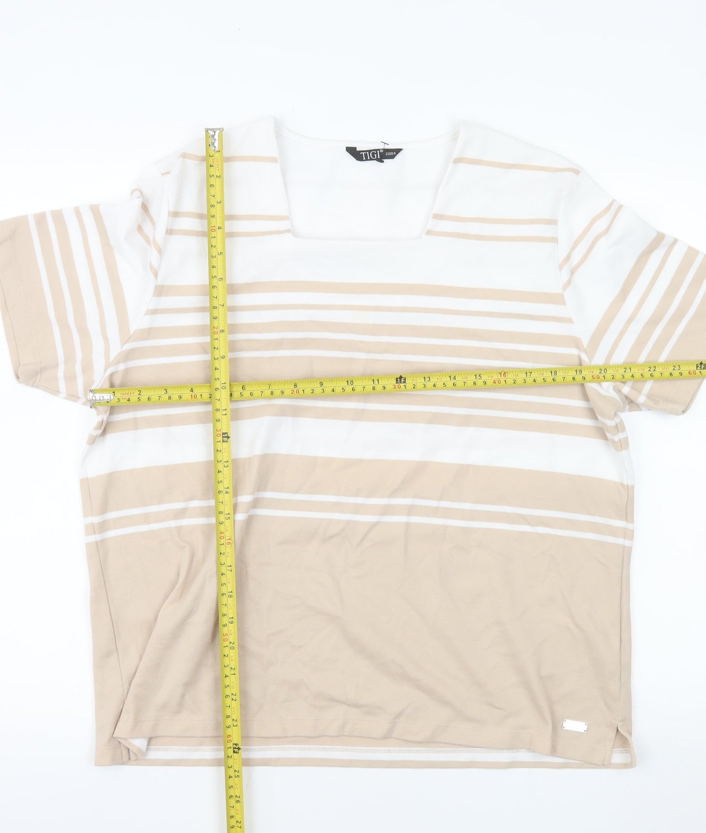 TIGI Women’s Beige White Striped Square Neck Plus Size T-Shirt 22