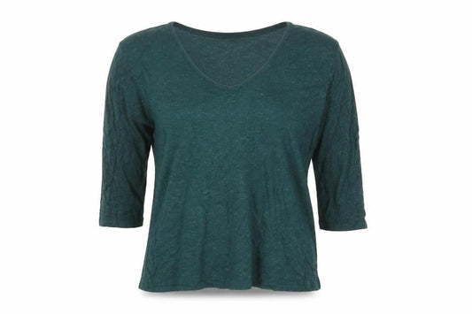 Front view of FatFace Women's Green Sparkle 3/4 Sleeve Viscose T-Shirt UK 10