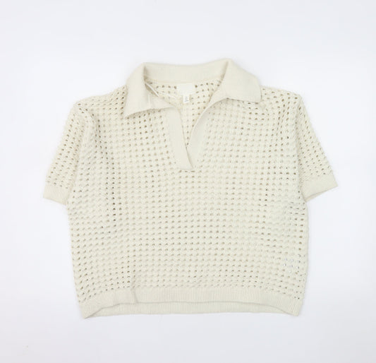 H&M Men Ivory Open-Knit Collared Short Sleeve Polo Jumper L
