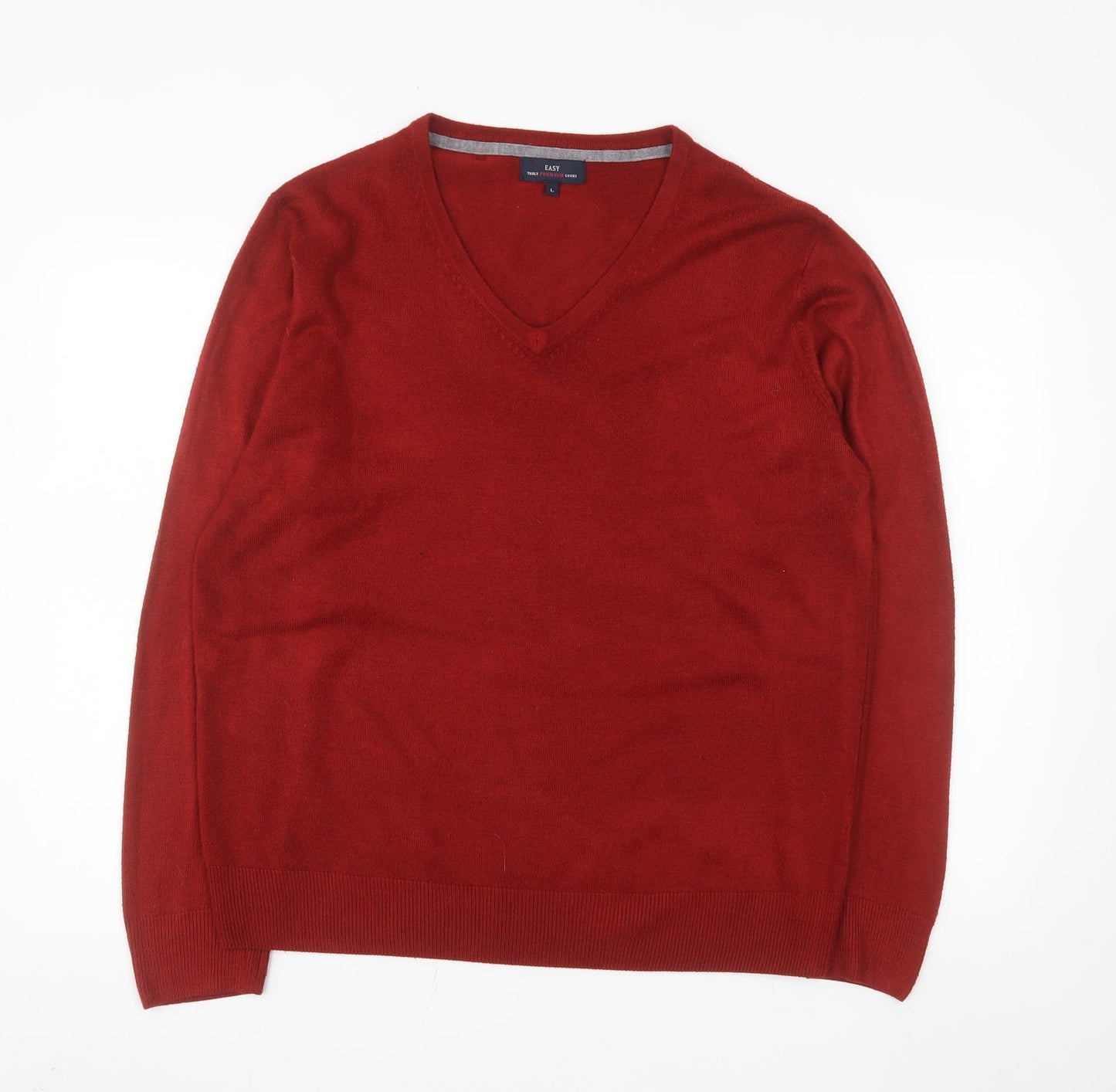 EAST Men's Red Acrylic V-Neck Pullover Jumper Size L