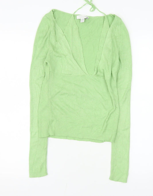 Topshop Women’s Green Ribbed V-Neck Cropped Long Sleeve Top S
