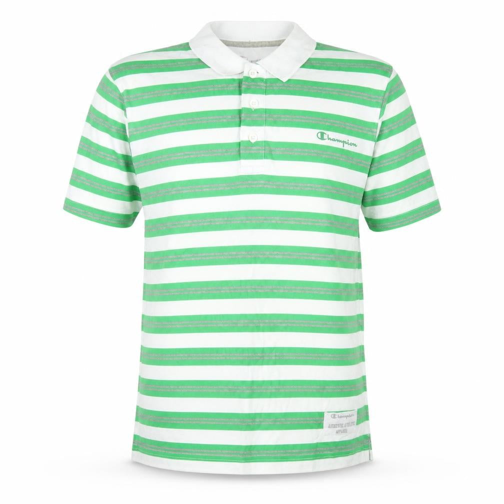 Champion Men's Green Striped Polo Shirt Medium Cotton