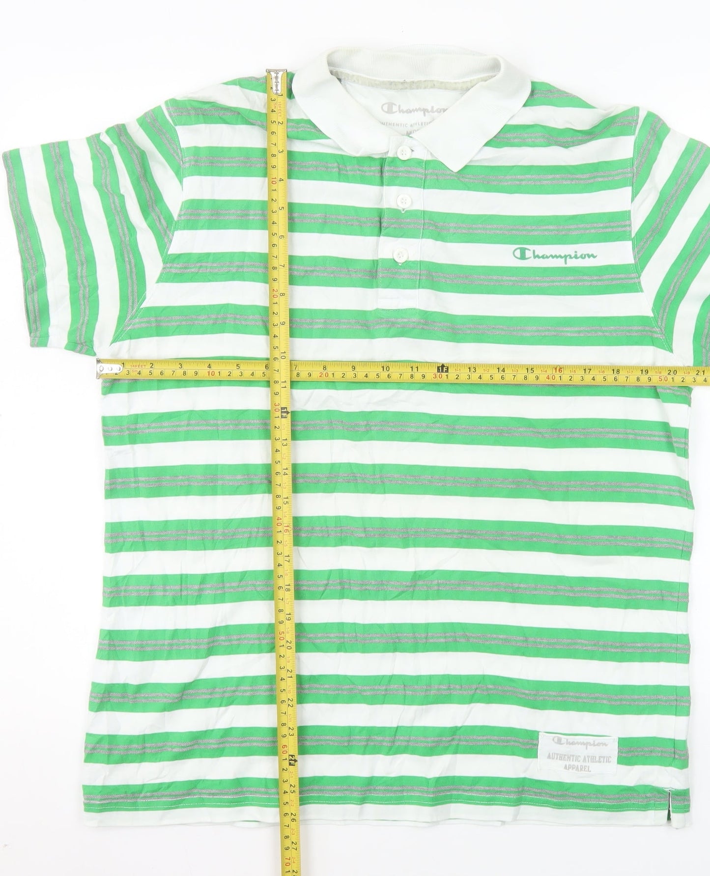 Champion Men's Green Striped Polo Shirt Medium Cotton