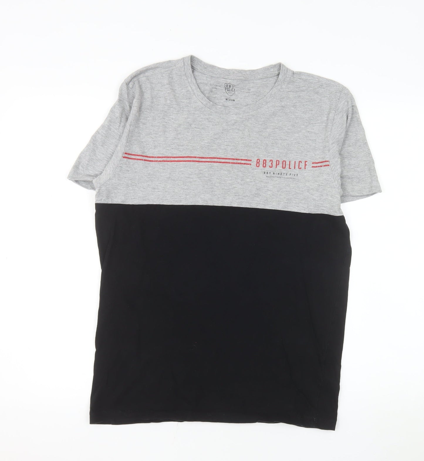 883 Police Men's Grey and Black Colourblock Crew Neck Cotton T-Shirt Medium
