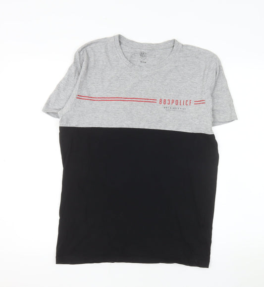 883 Police Men's Grey and Black Colourblock Crew Neck Cotton T-Shirt Medium