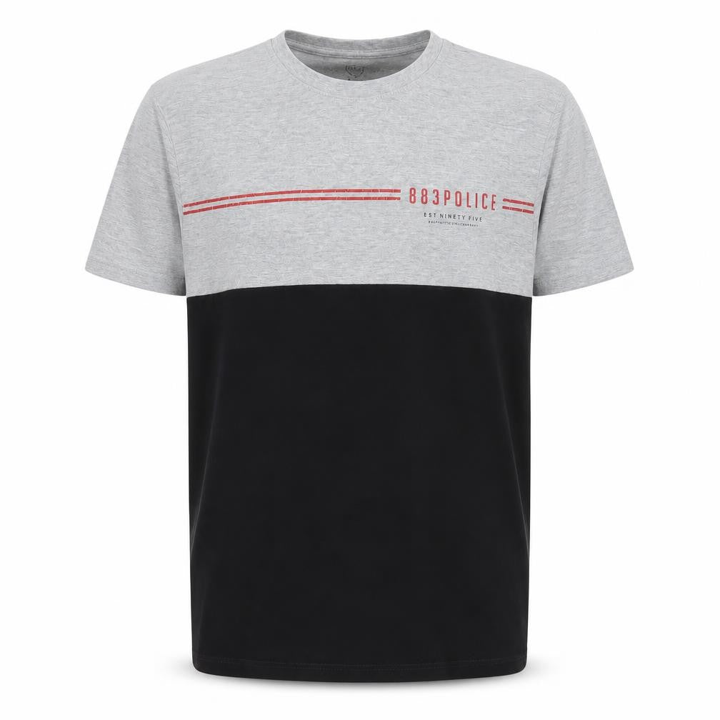 883 Police Men's Grey and Black Colourblock Crew Neck Cotton T-Shirt Medium