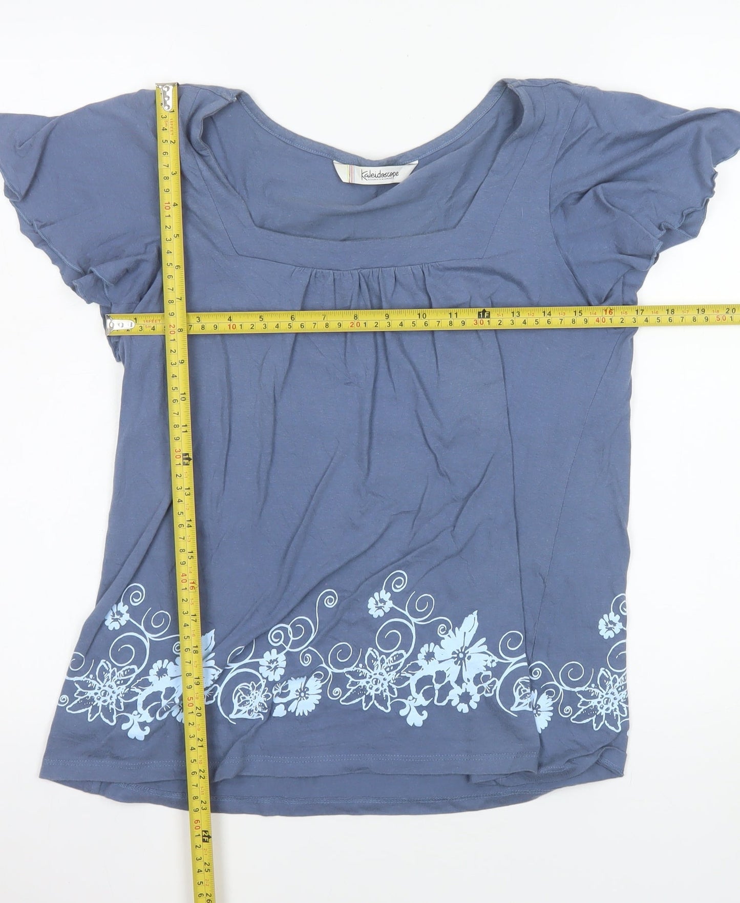 Kaleidoscope Womens Blue Cotton Floral Square Neck T-Shirt UK 10