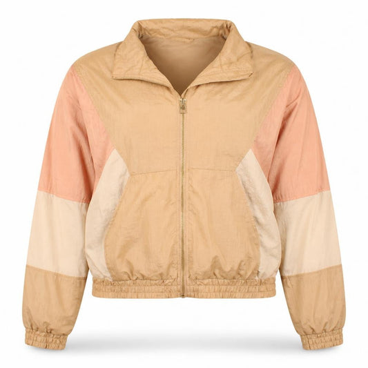 Front view of H&M girls’ beige colourblock windbreaker jacket, size 14 plus