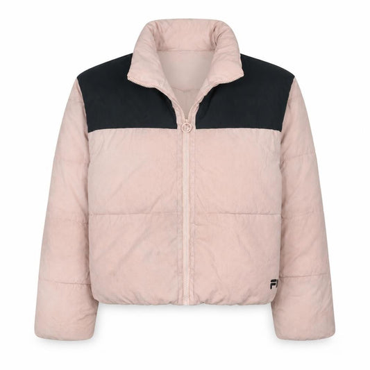 Front view of Fila Women Pink Puffer Jacket, size M, Full Zip Winter Coat