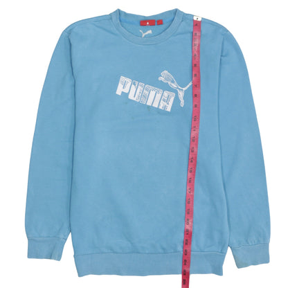 Close-up detail of Puma boys’ blue pullover sweatshirt logo crew neck, size 14, years