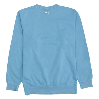 Brand and care label for Puma boys’ blue pullover sweatshirt logo crew neck, size 14, years