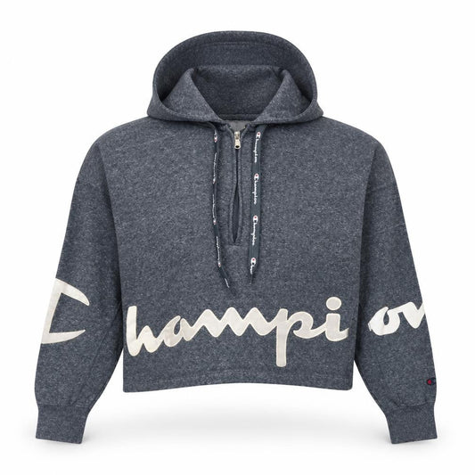 Front view of Champion Women’s Grey 1/4 Zip Hoodie Small Cotton Logo Print