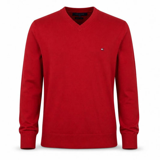Front view of Tommy Hilfiger Men's Red V-Neck Cotton jumper, size S